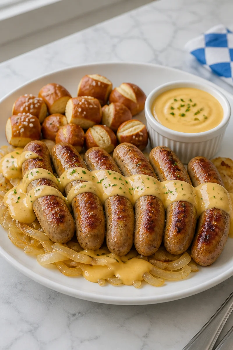 Oktoberfest Bratwurst Skillet with beer cheese and garnishes