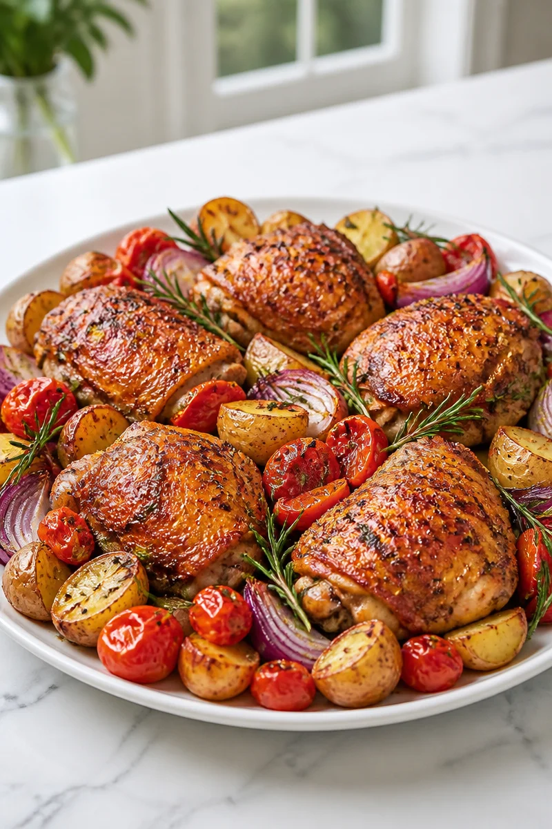 Delicious one pan balsamic chicken thighs served with fresh vegetables