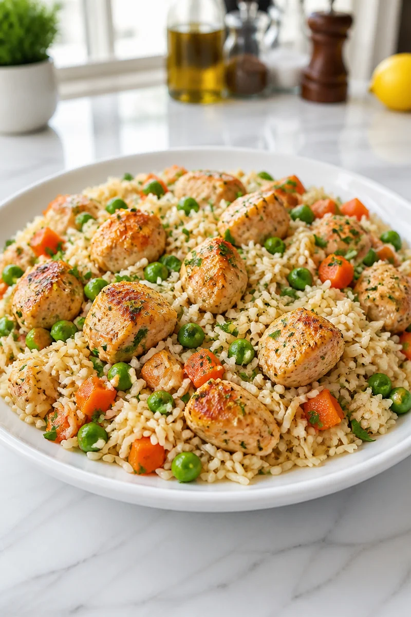 One-Pot Chicken and Rice Skillet featuring chicken, rice, and vegetables in a delicious dish.