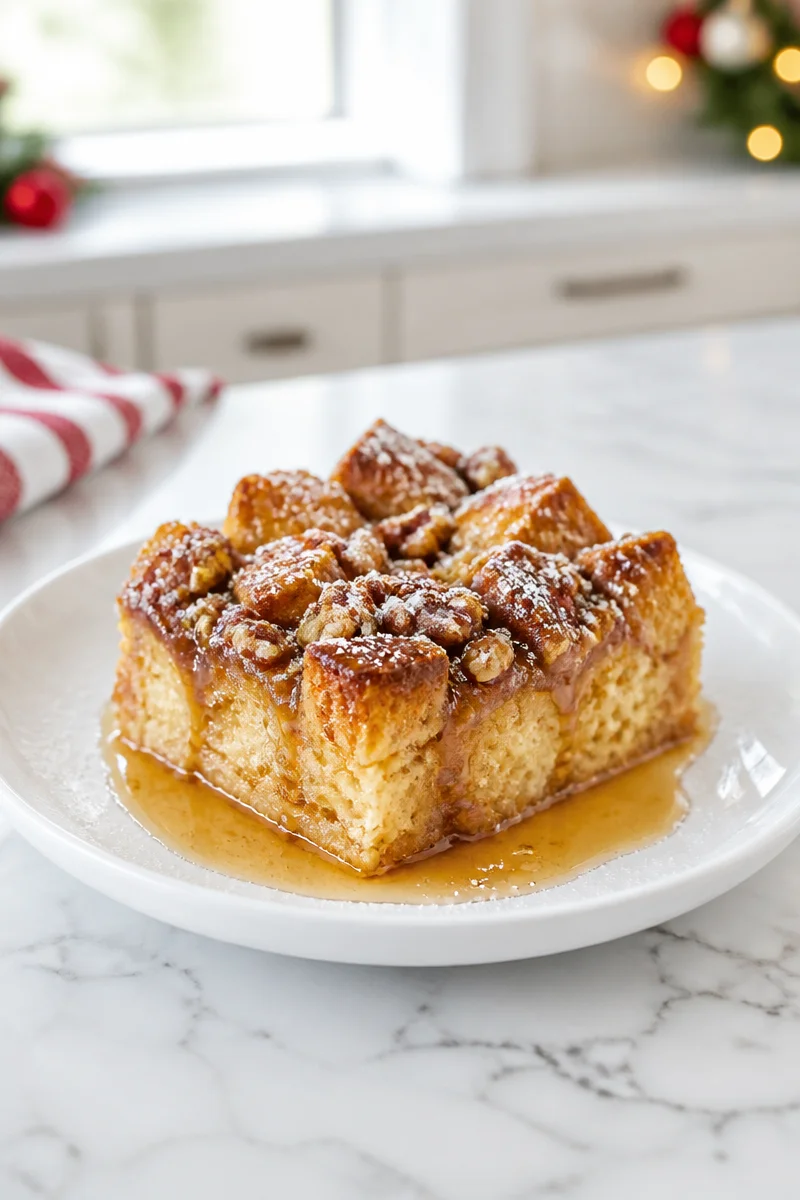 Overnight Christmas French Toast Casserole topped with syrup and berries