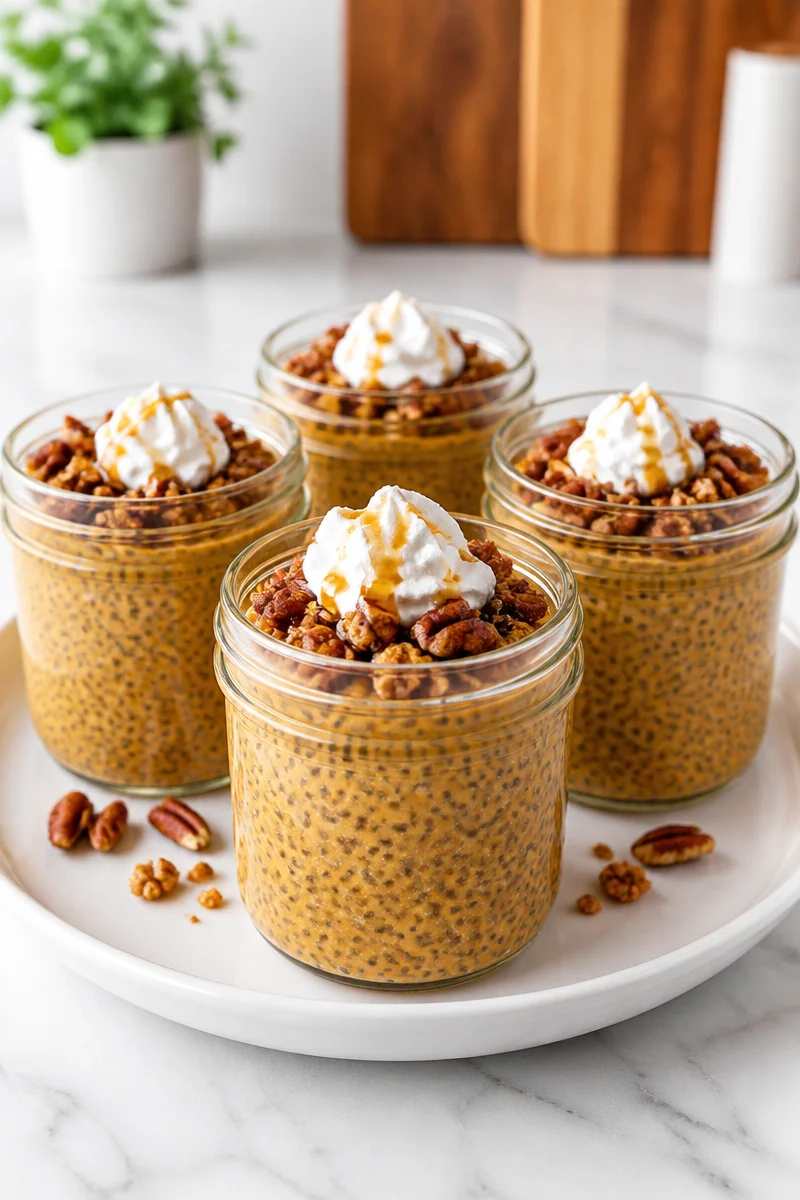 Overnight pumpkin chia seed pudding topped with nuts and spices in a glass jar