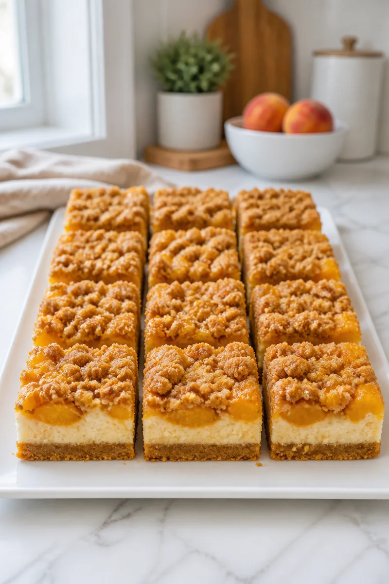Delicious peach cobbler cheesecake bar swirl with fresh peaches and creamy filling.