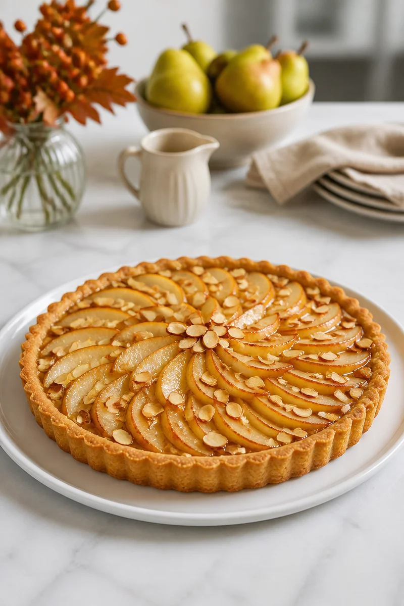 Delicious pear tart with honey almond crust, showcasing fresh pears and golden crust