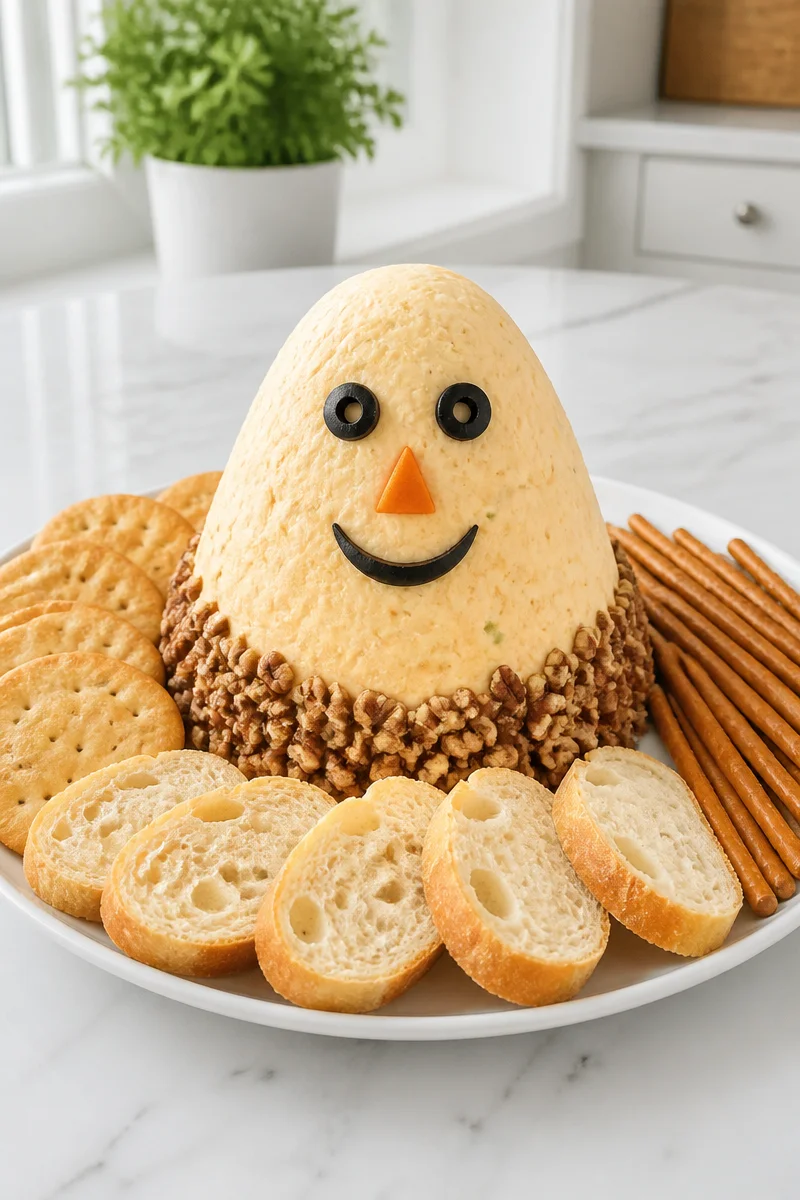 Pumpkin ghost cheese ball spread served on a platter for Halloween