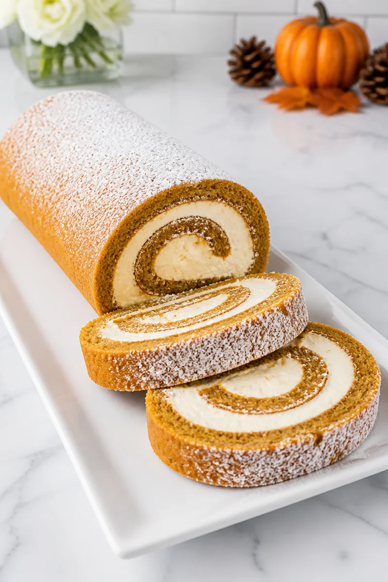 Delicious pumpkin roll dessert with cream cheese filling for Halloween