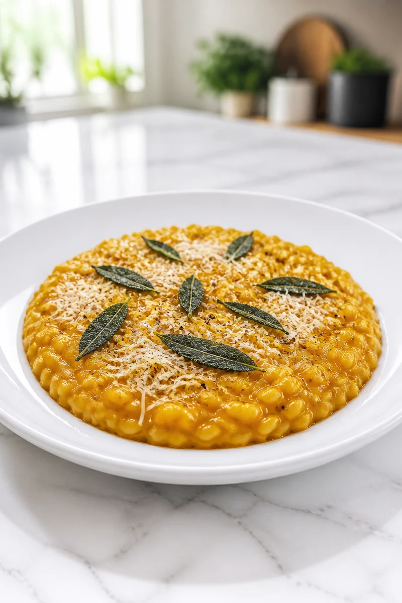 Pumpkin sage butter Halloween risotto garnished for a spooky festive dish