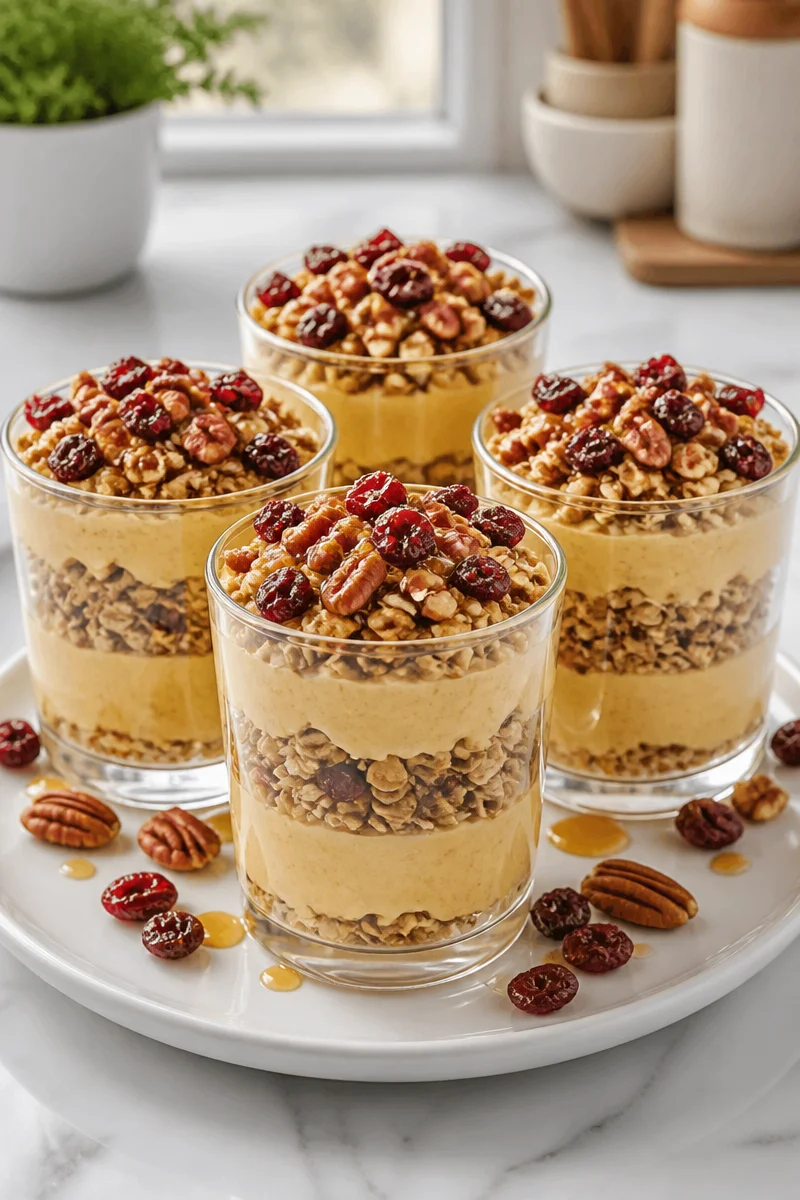 Delicious pumpkin spice granola breakfast parfait in a glass