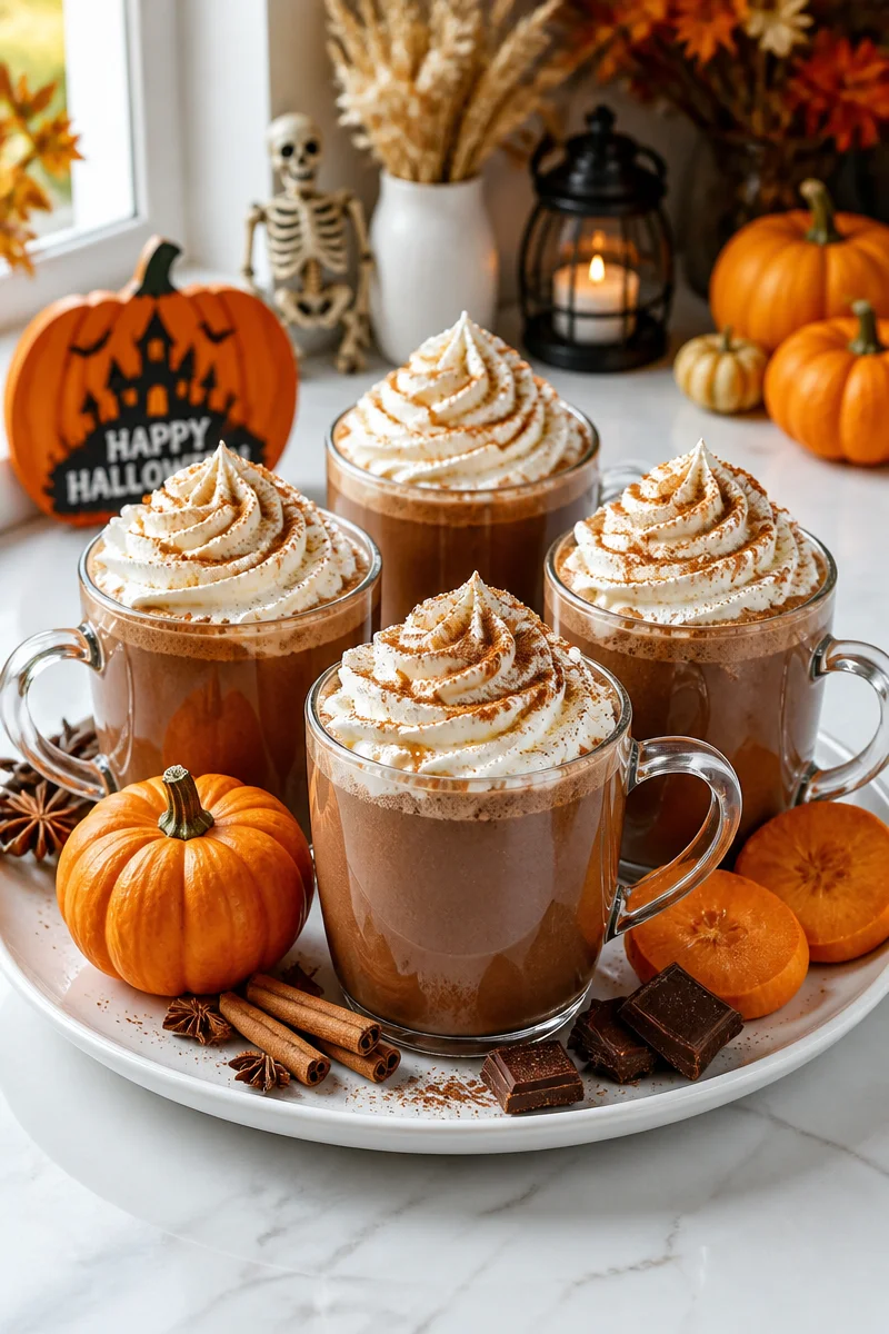 Pumpkin Spice Halloween Hot Chocolate topped with whipped cream and spices.