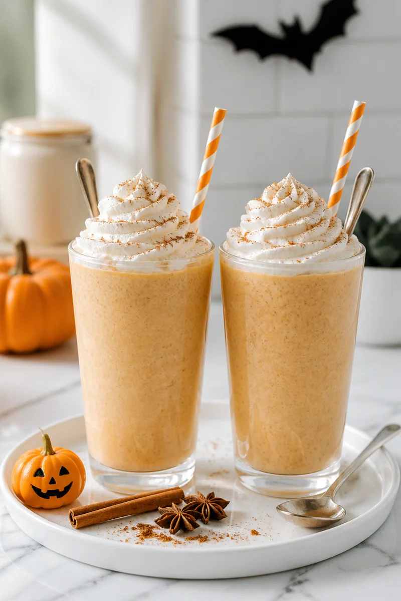 Delicious Pumpkin Spice Milkshake topped with whipped cream and autumn spices