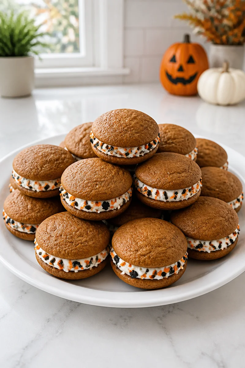 Pumpkin Spice Halloween Whoopie Pies with autumn decorations
