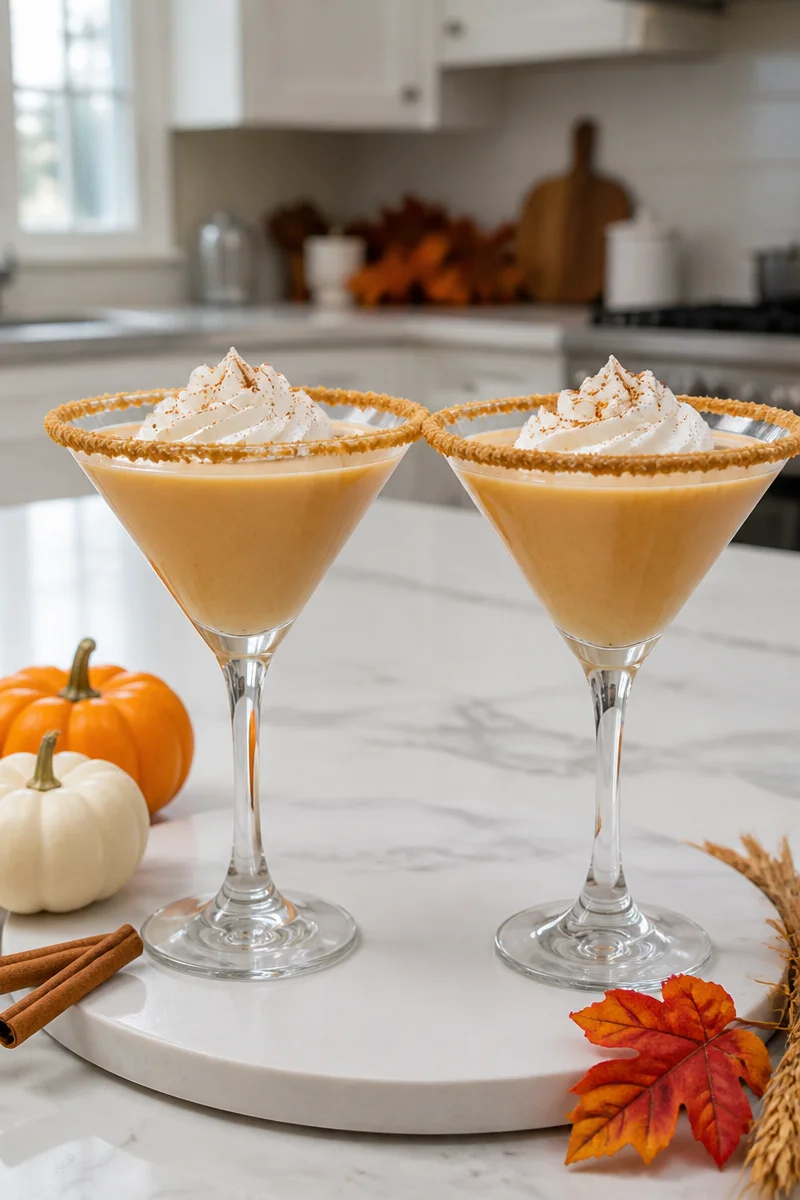 Pumpkin Spice Martini cocktail garnished with cinnamon and whipped cream