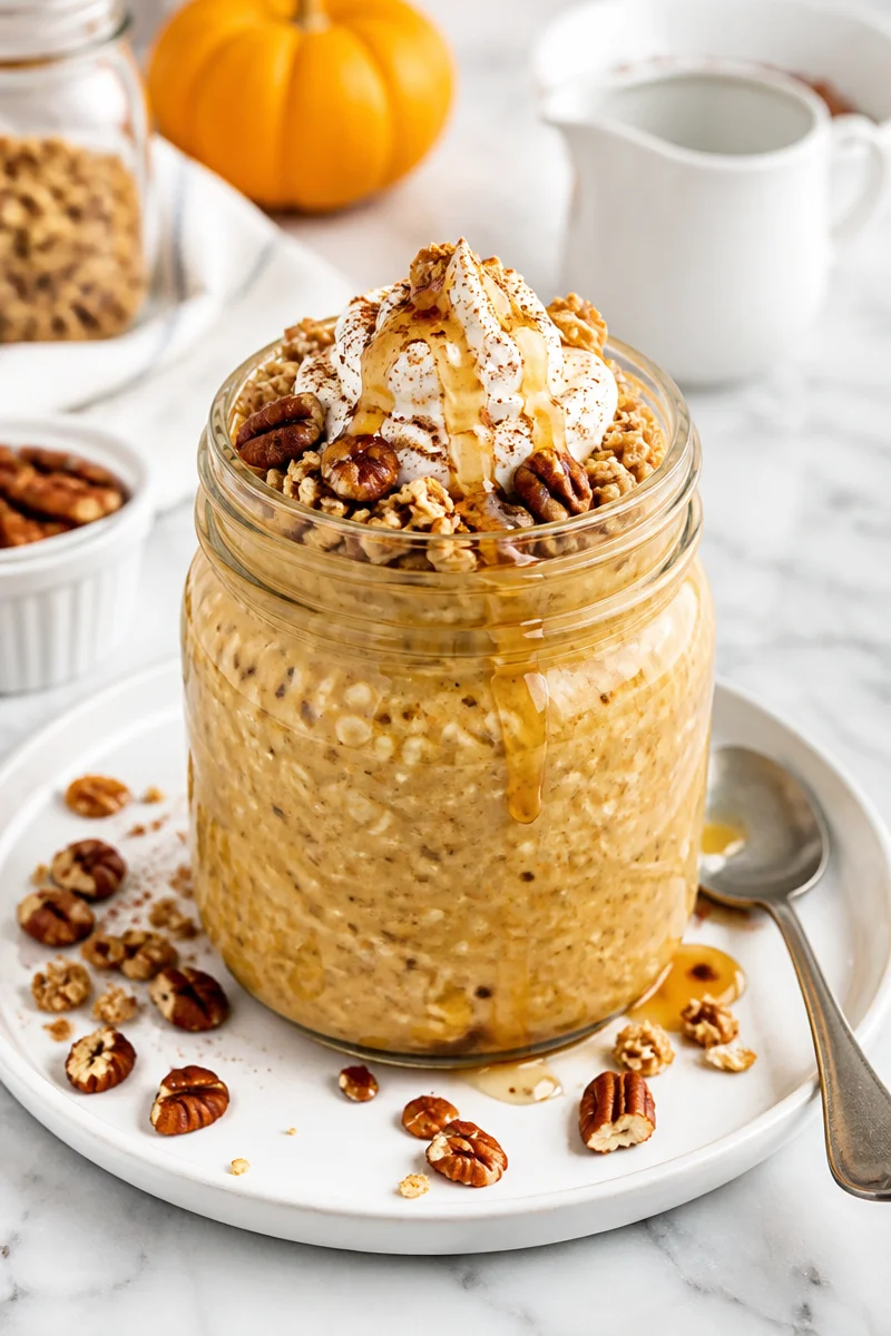 A jar of pumpkin spice overnight oats topped with cinnamon and pumpkin seeds.