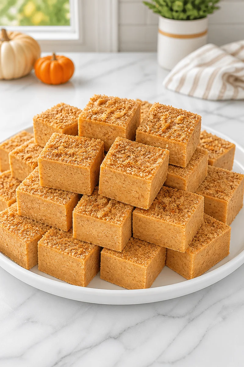 Delicious pumpkin spice white chocolate fudge squares on a wooden table.