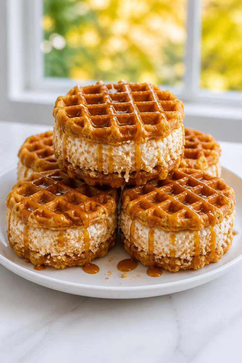 Pumpkin waffle ice cream sandwich with creamy ice cream filling and pumpkin spice topping