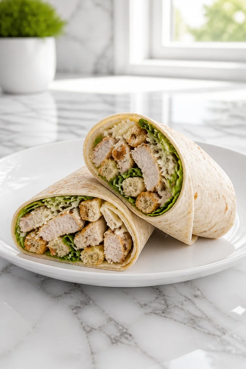 Quick Chicken Caesar Wrap with grilled chicken, romaine, and Caesar dressing