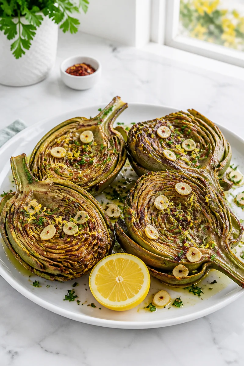 Roasted artichoke lemon garlic skillet dish with vibrant flavors