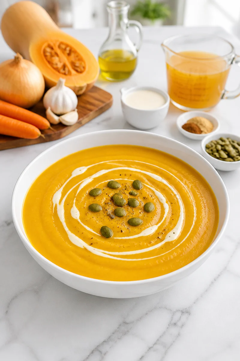 A bowl of creamy roasted butternut squash soup garnished with herbs.