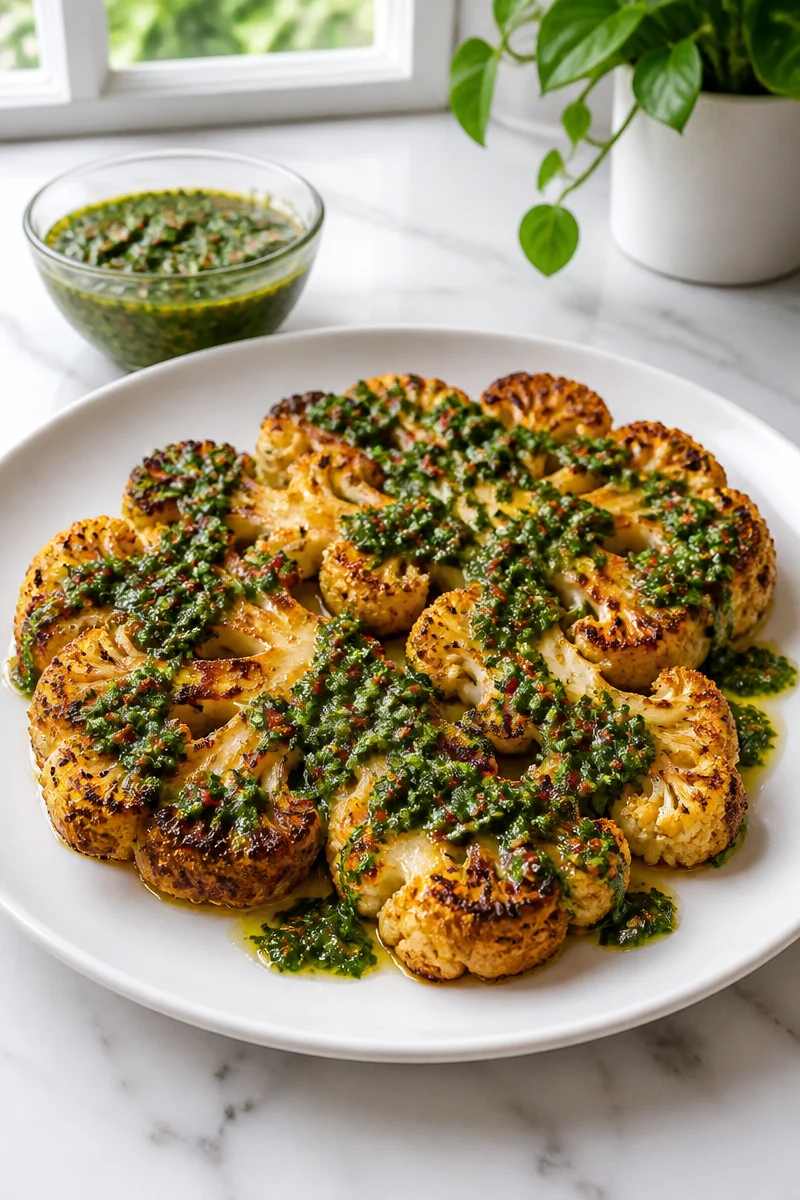 Roasted cauliflower steak served with chimichurri sauce on a plate