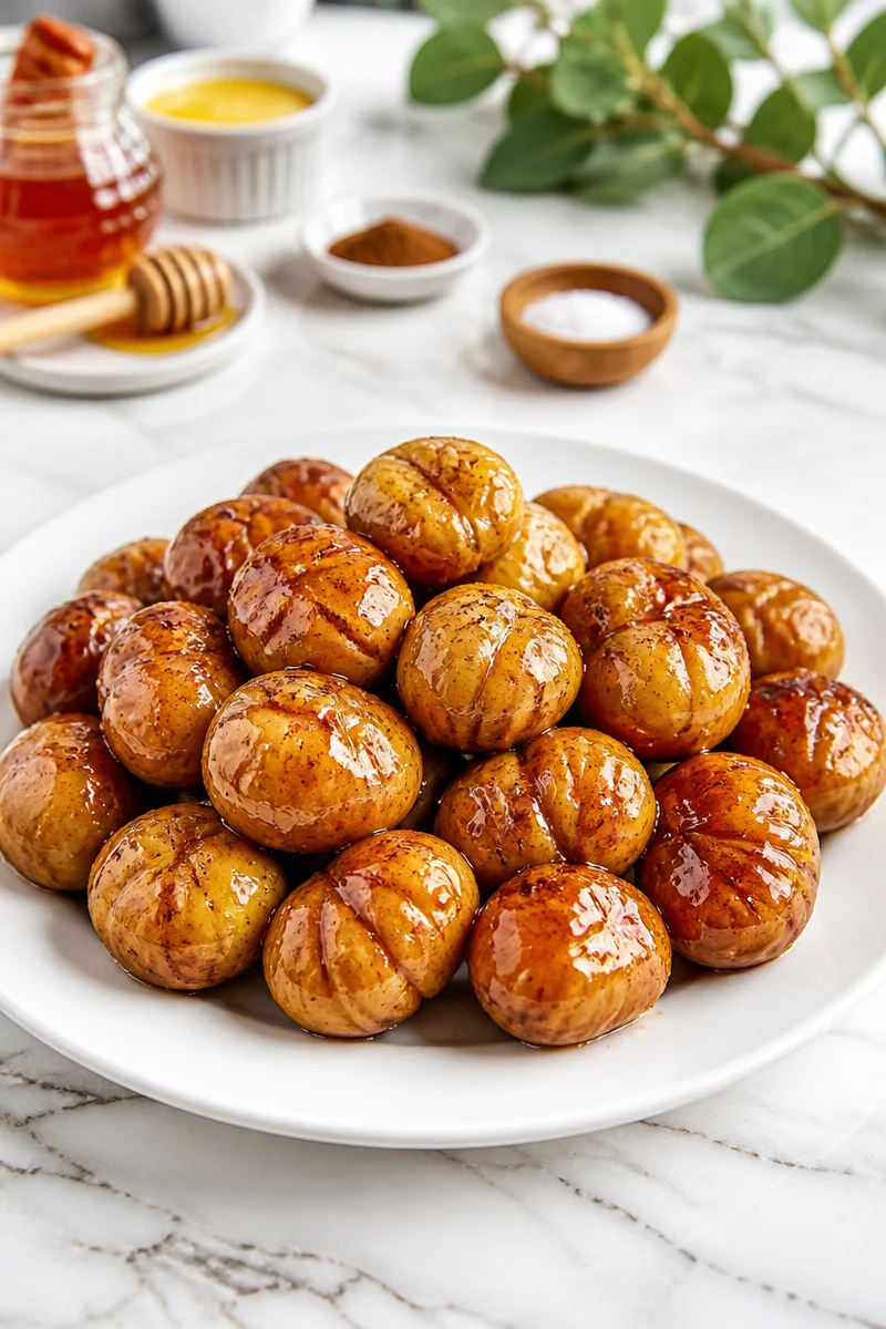 Delicious roasted chestnut honey glaze snack on a rustic wooden plate.