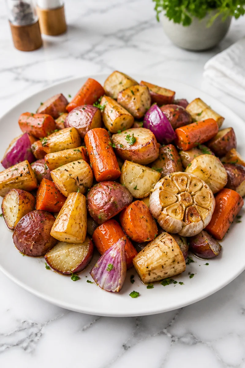 Plate of roasted garlic herb root vegetables topped with fresh herbs