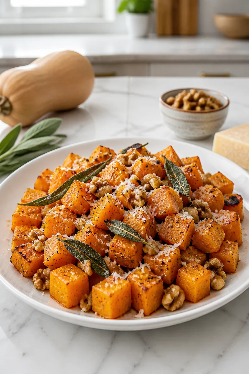 Dish of roasted squash drizzled with sage brown butter on a plate