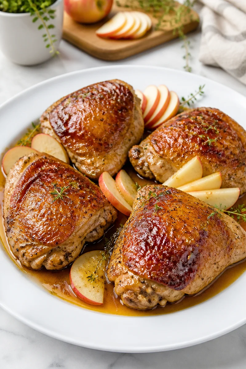 Roasted turkey thigh with cider glaze served on a festive table.