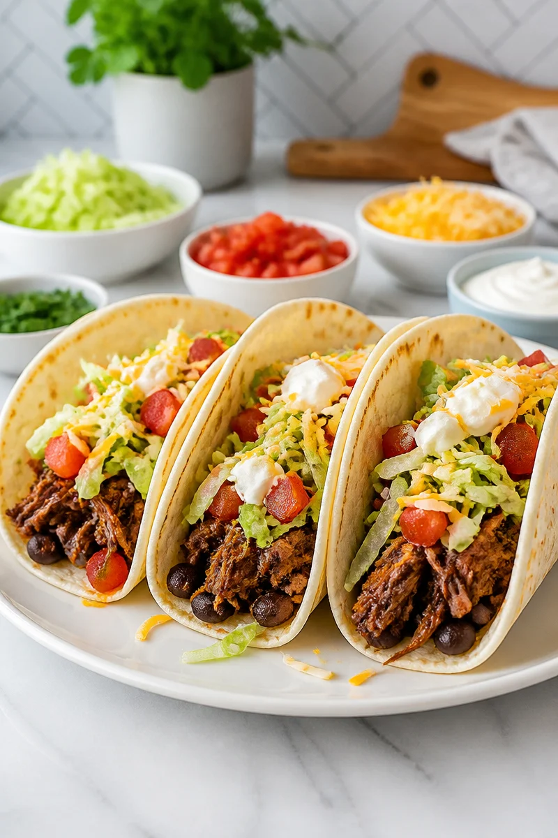 Slow cooker beef and bean tacos served with toppings