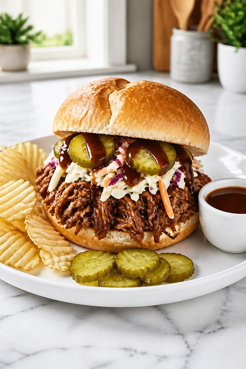 Delicious slow cooker beef brisket sandwich with fresh toppings
