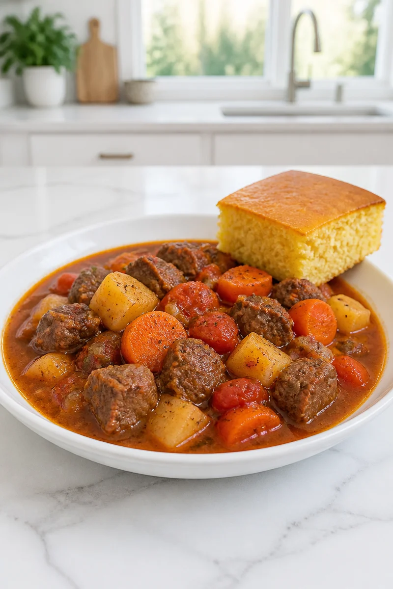 Delicious slow cooker beef chuck wagon stew served in a bowl with fresh herbs.