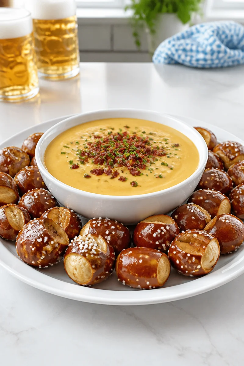 Creamy slow cooker beer cheese soup with pretzels for dipping
