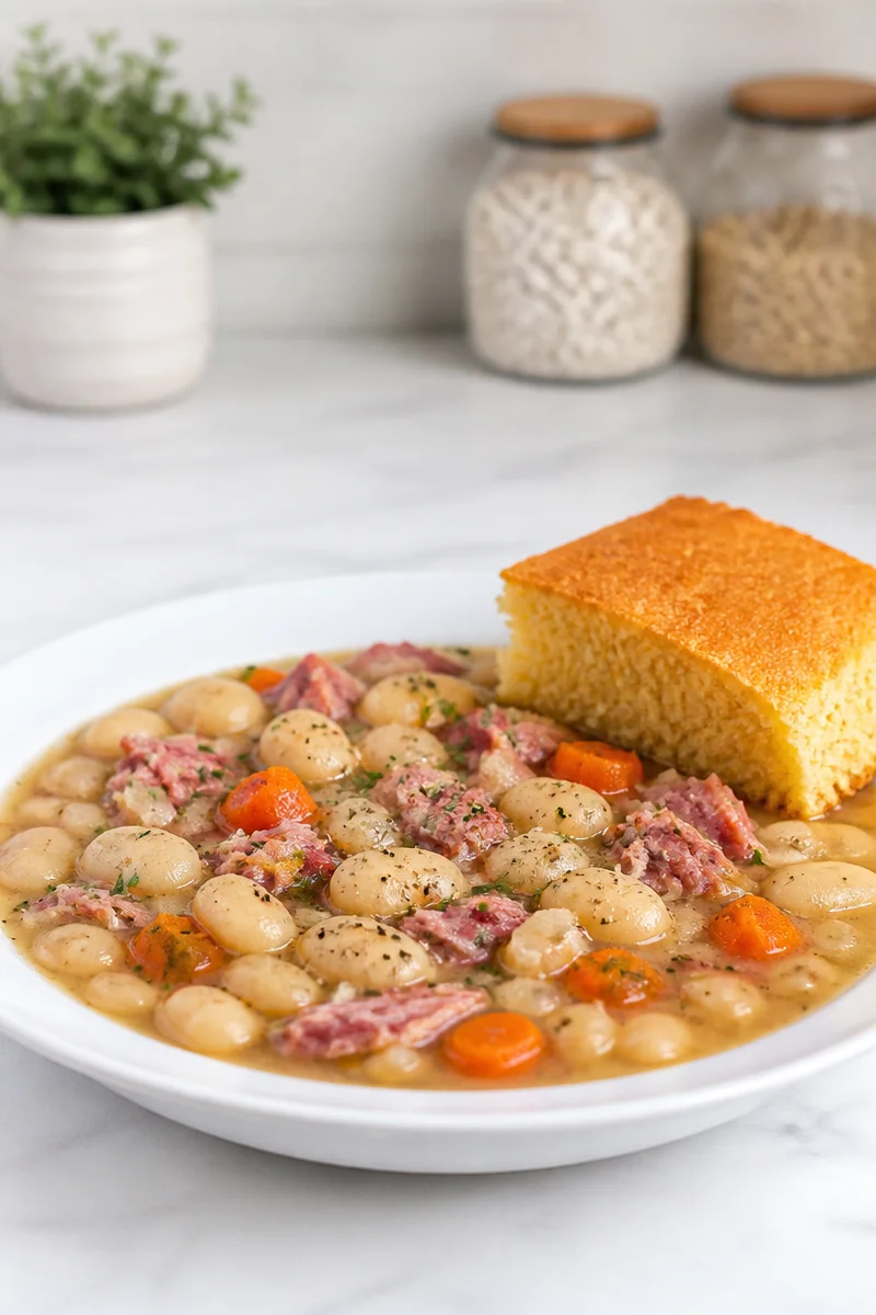 Slow cooker butter bean ham hock dish with vegetables