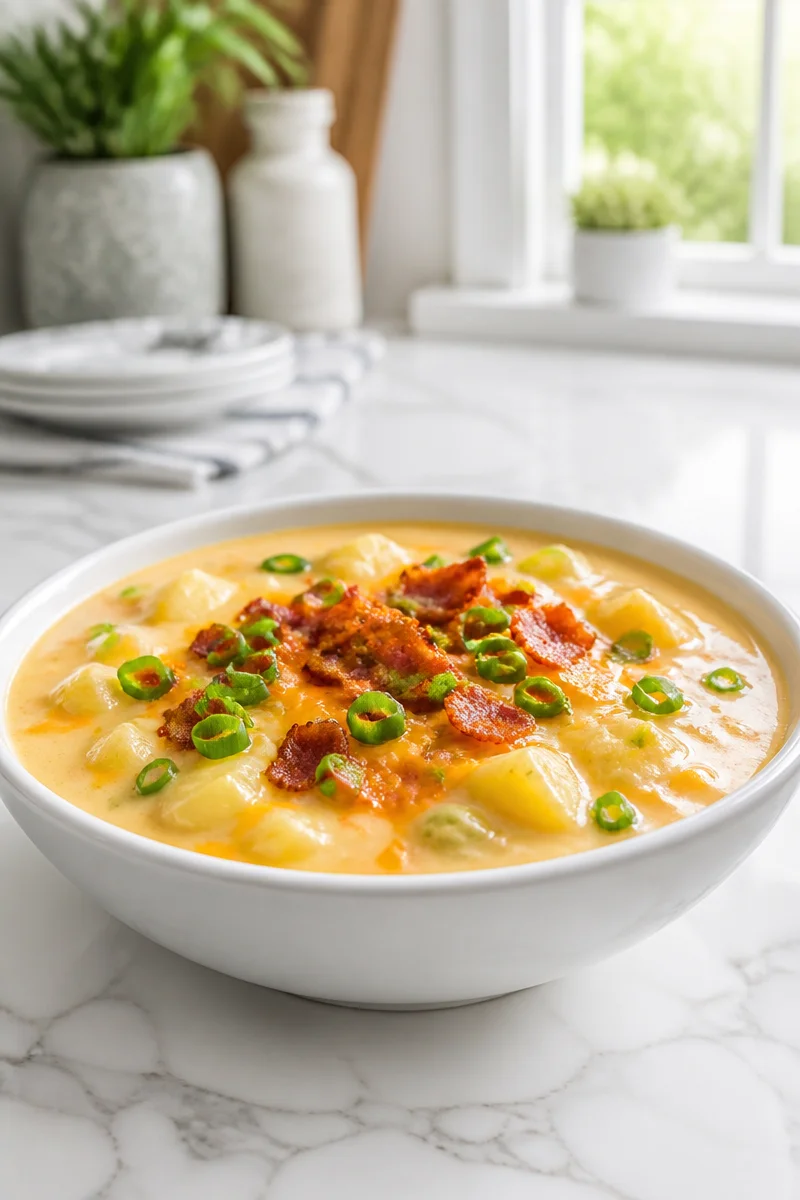 Bowl of slow cooker cheesy potato soup topped with green onions and cheese.