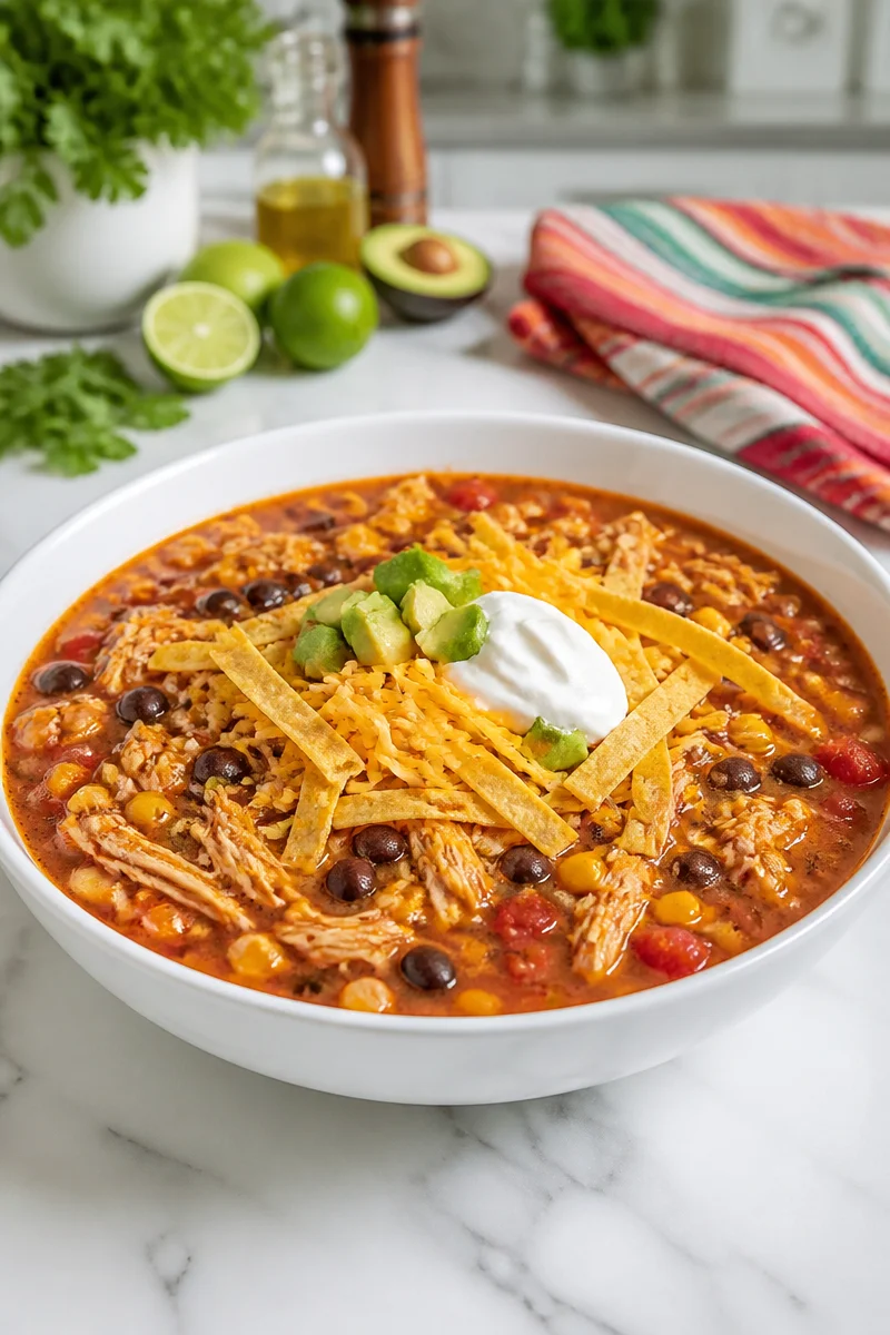 Slow cooker chicken taco soup served in a bowl, topped with fresh cilantro and cheese.