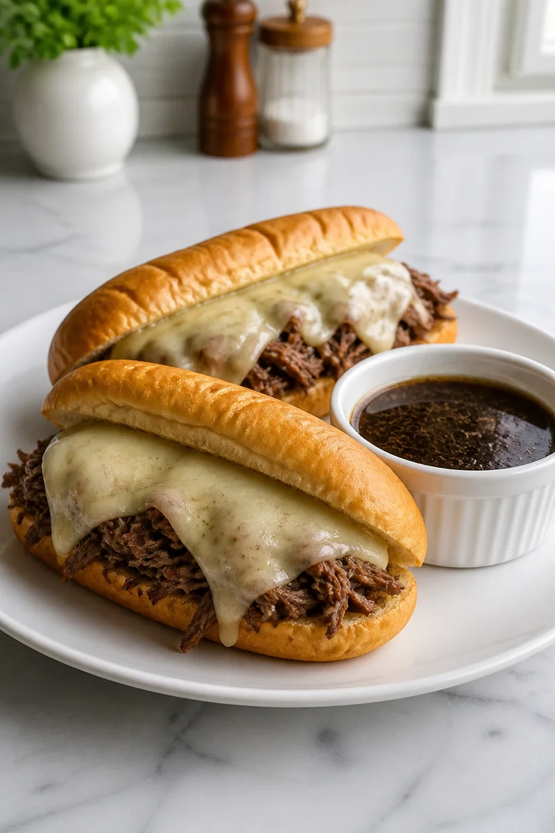 Slow Cooker French Dip Beef Consomme meal served with dipping sauce