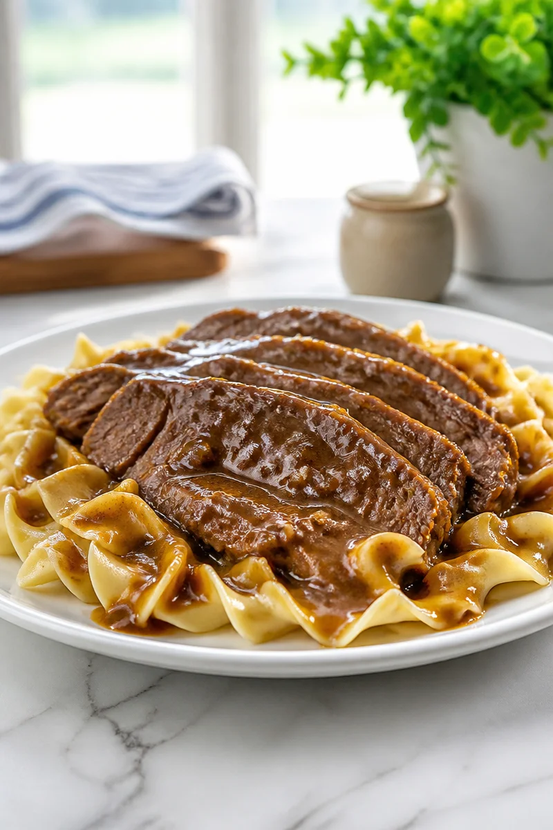 Slow Cooker German Sauerbraten Beef Roast served with vegetables and gravy
