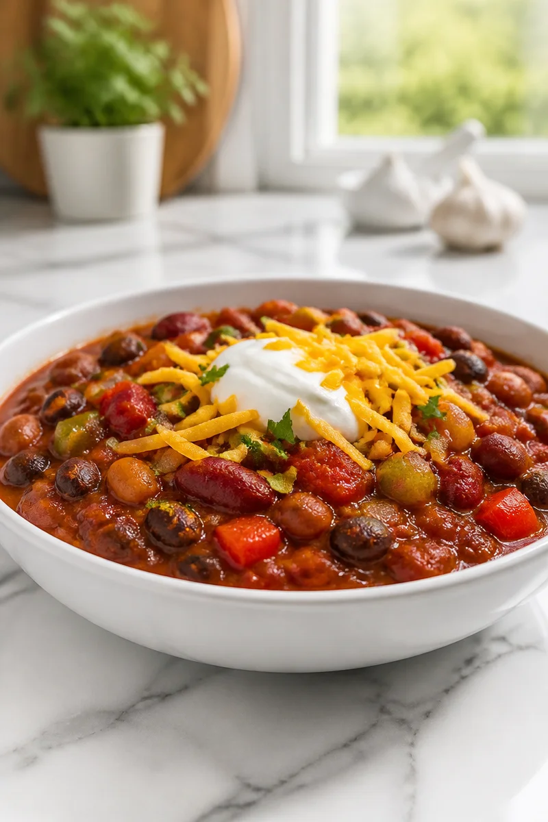 Slow Cooker Vegetarian Three Bean Chili in a bowl garnished with fresh herbs