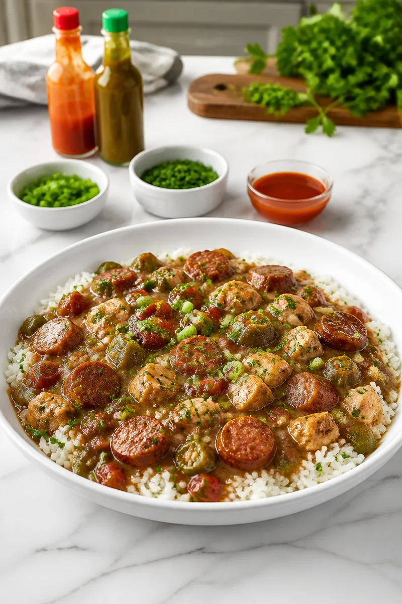 Bowl of Smoky Chicken and Sausage Gumbo with rice and herbs