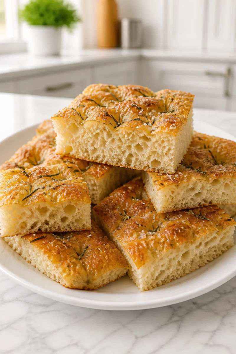 Homemade sourdough focaccia topped with rosemary and sea salt