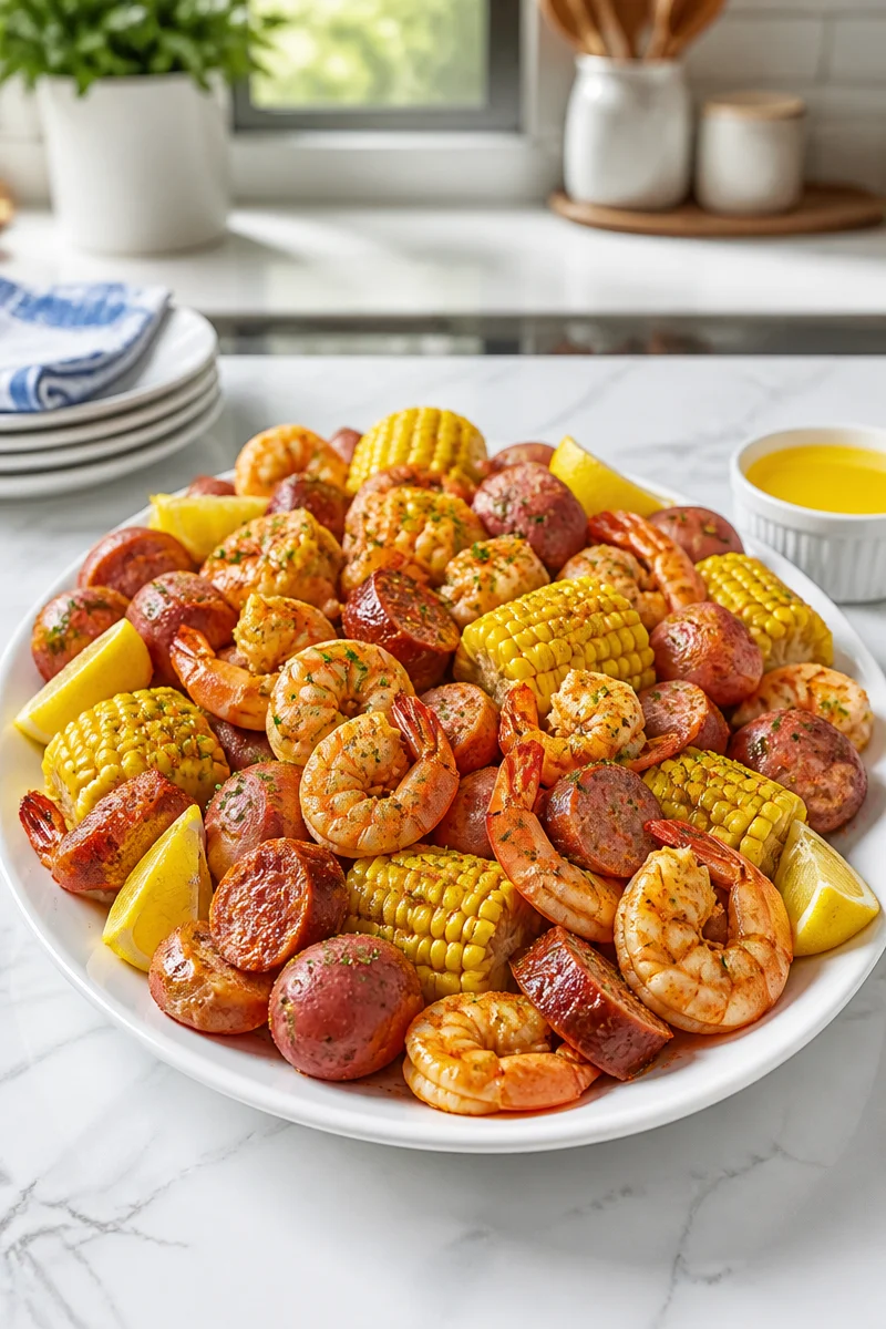 Delicious Southern-style shrimp and sausage boil served with spices and corn.