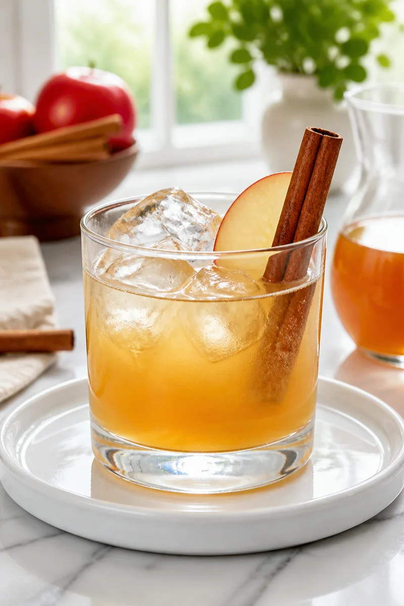 Spiced Apple Cider Vodka Cocktail served in a glass with seasonal decorations.