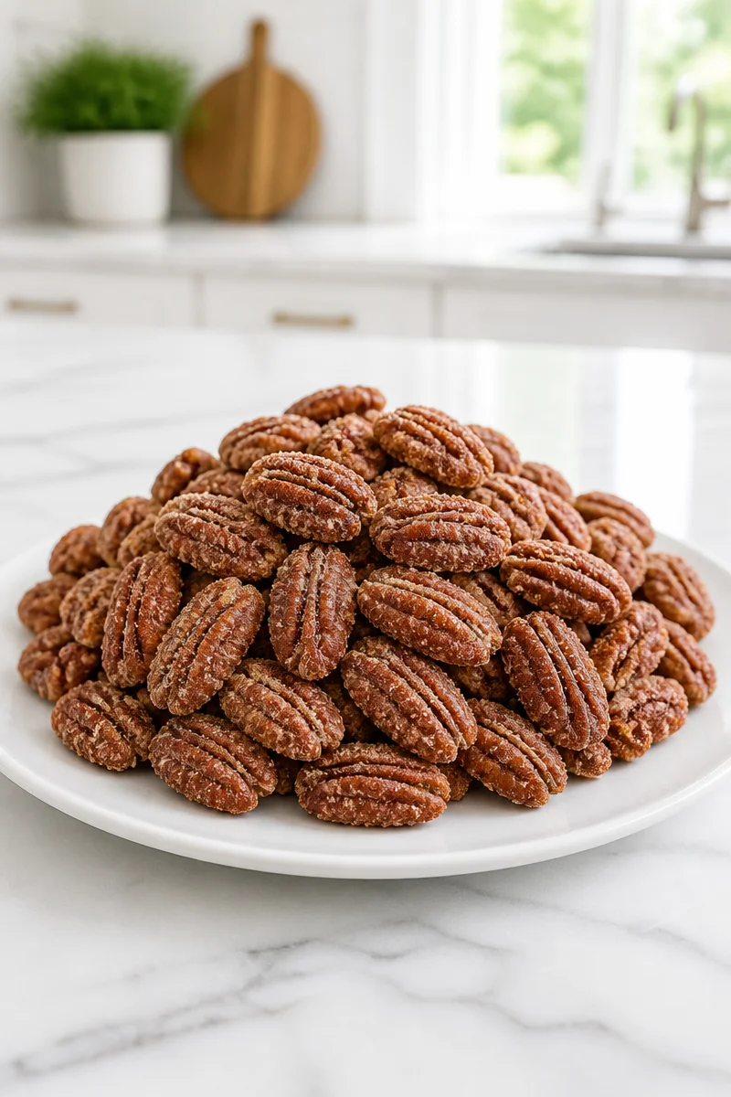 Bowl of spiced candied pecans mixed with snacks