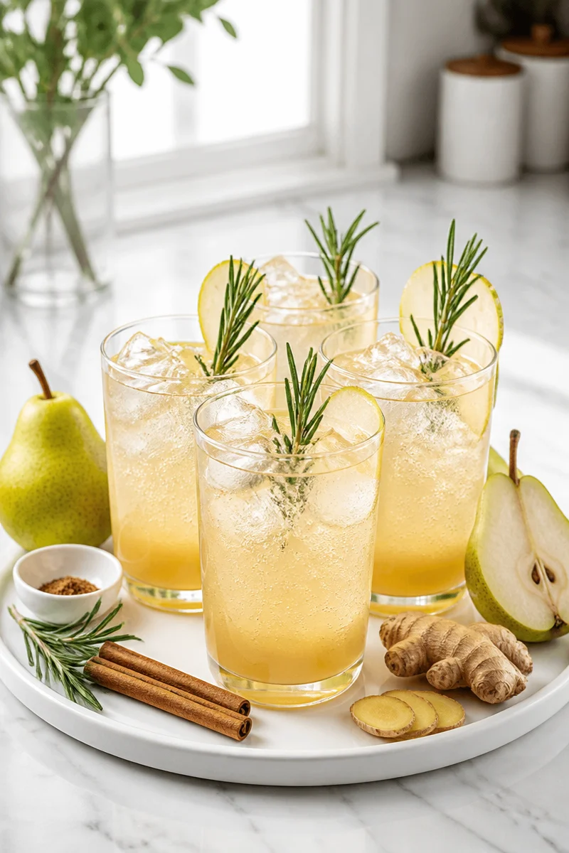 Spiced Pear Ginger Fizz Mocktail served in a glass with fresh ingredients