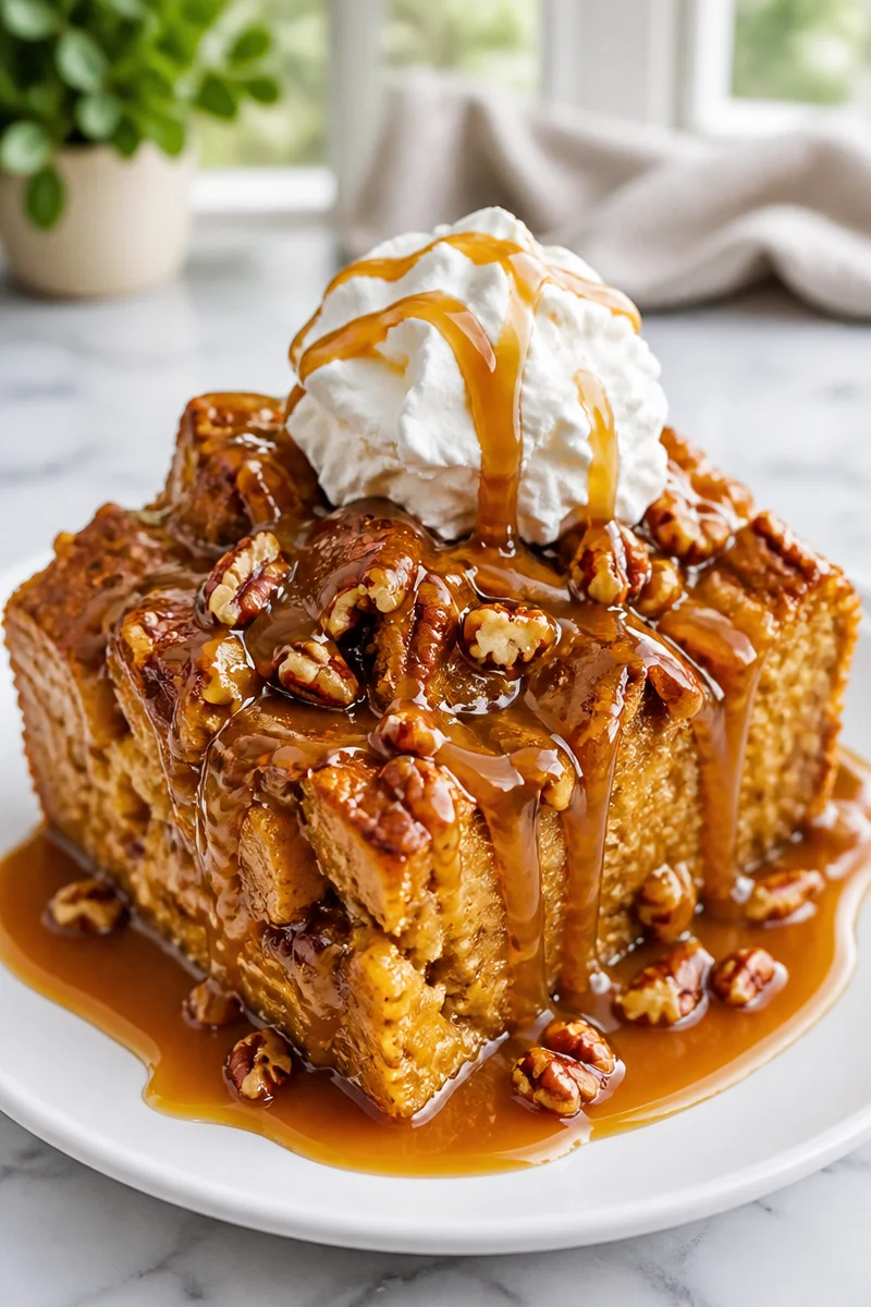 Delicious spiced pumpkin bread pudding bake served warm in a dish
