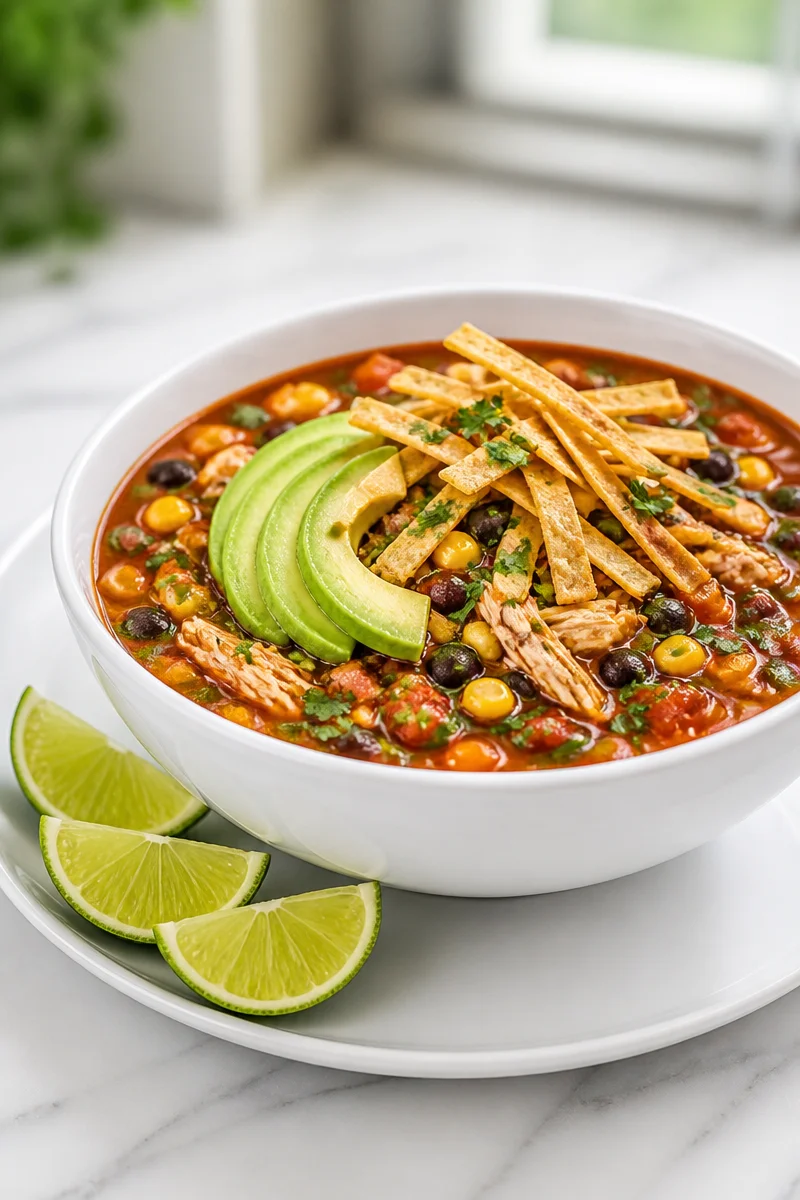 Bowl of spicy chicken tortilla soup topped with crispy tortilla strips and fresh cilantro.