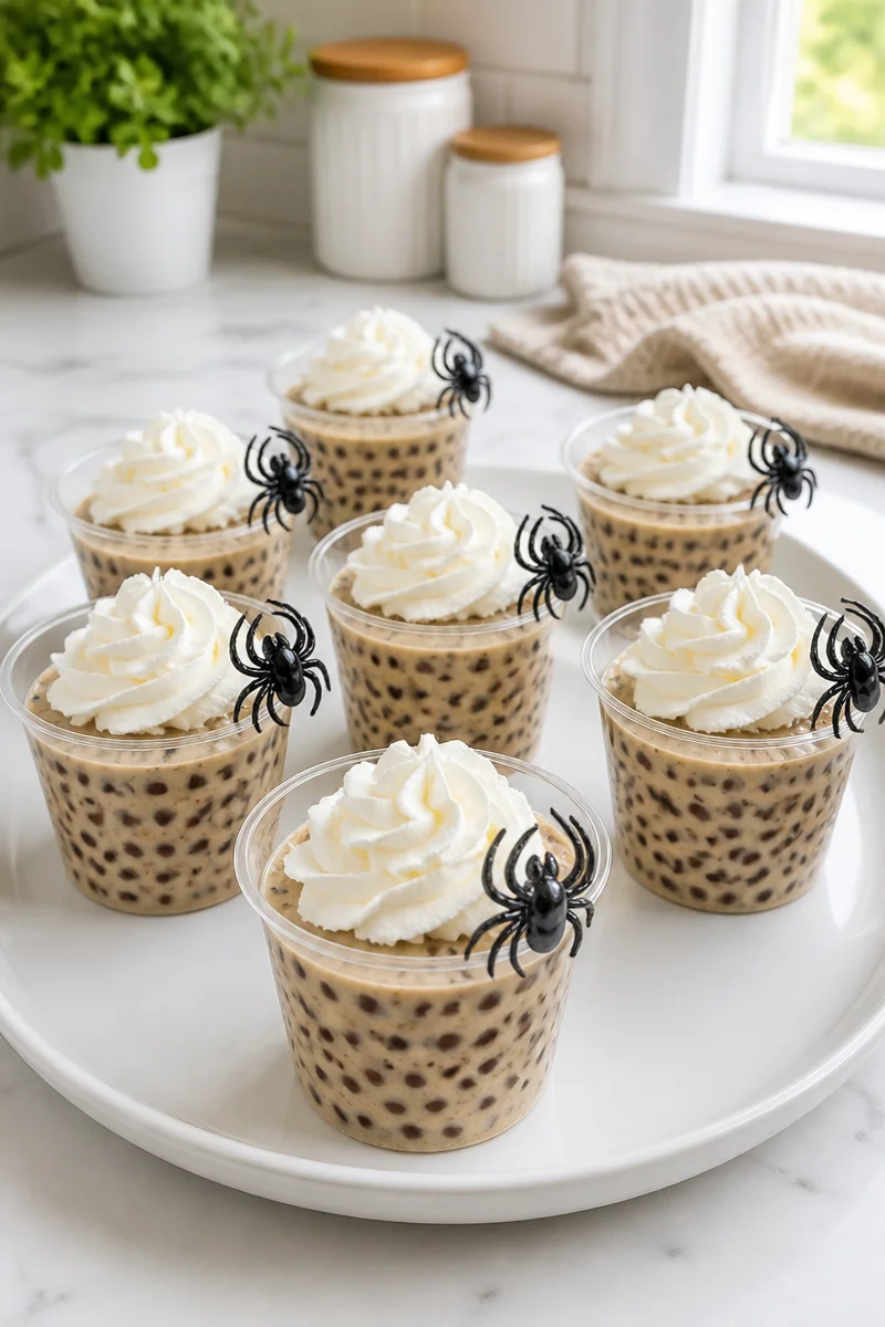 Spider Egg Tapioca Pudding Cup topped with creative edible decorations