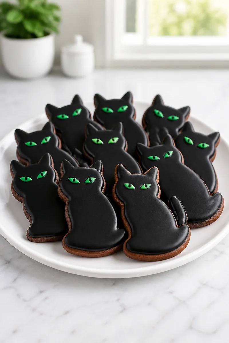 Spooky black cat sugar cookie decorated with icing for Halloween
