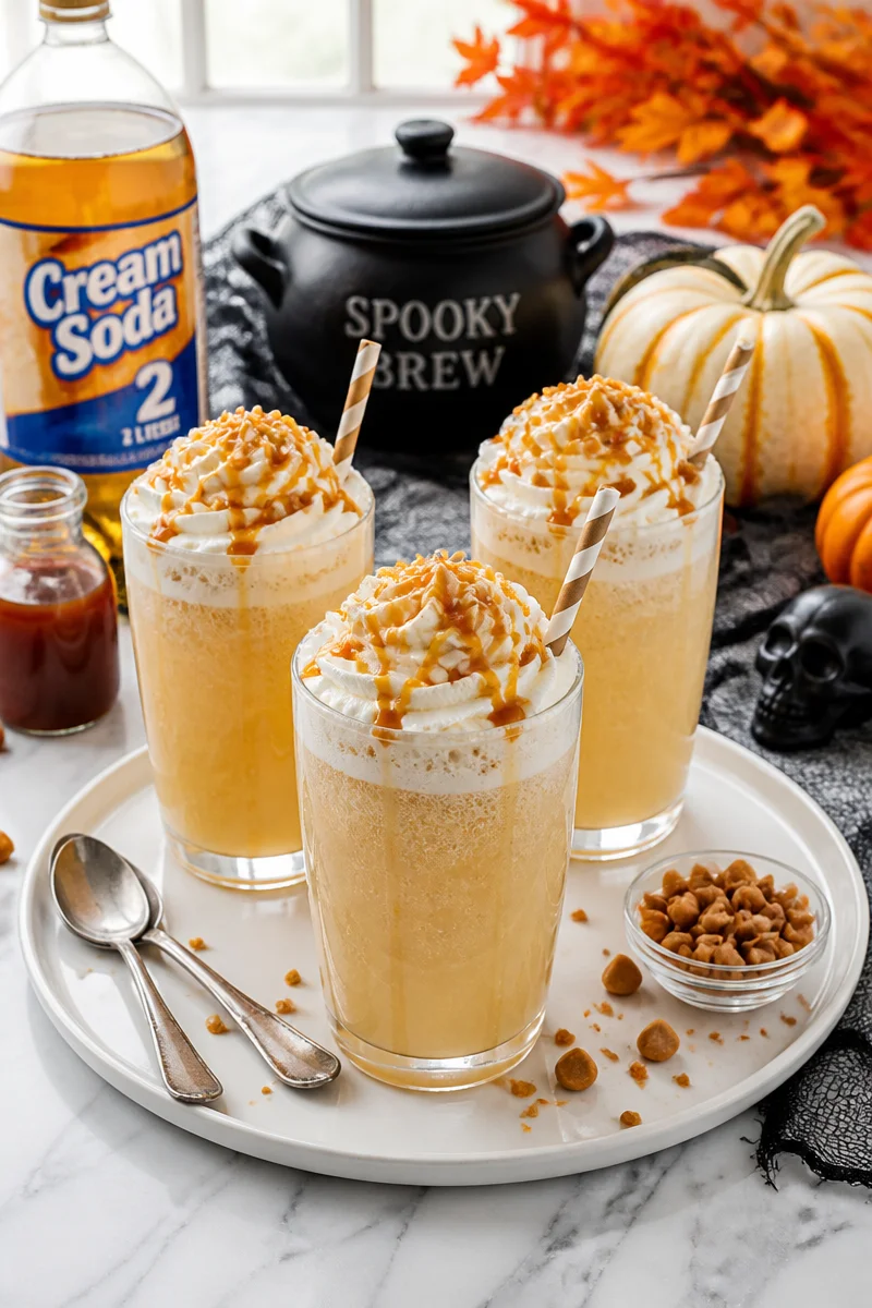 Spooky Halloween Butterbeer Copycat Drink served in a mug with whipped cream
