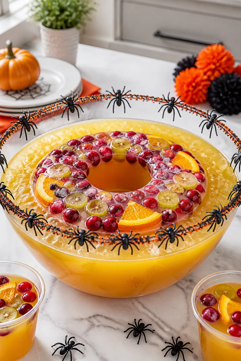 Spooky Halloween punch ice ring with spooky decorations and vibrant colors