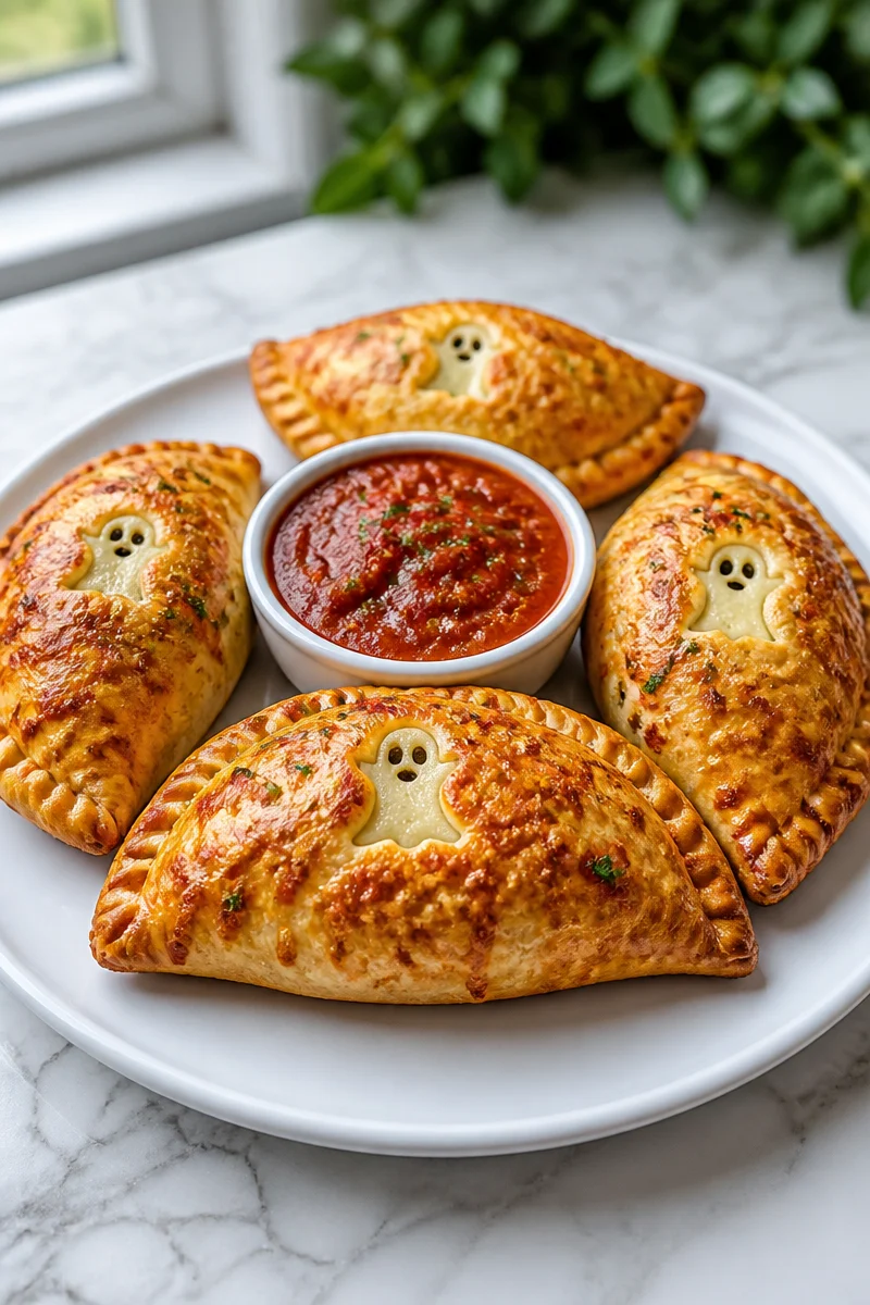 Spooky Spinach Stuffed Halloween Calzone with spooky decorations