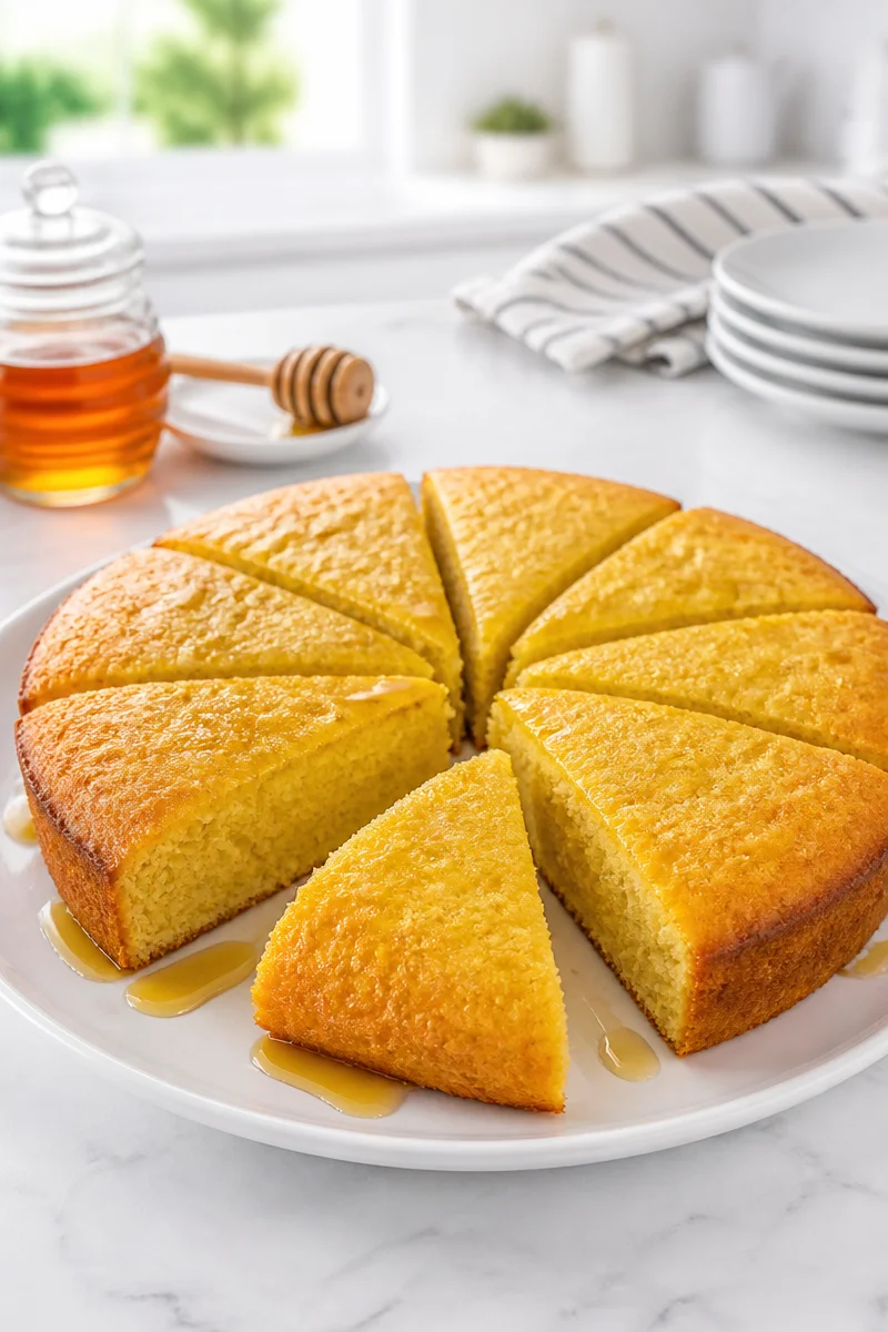 Sweet homemade buttermilk cornbread freshly baked and served on a plate